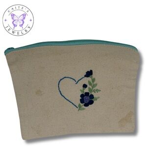 Handmade Embroidered Natural Heart and Flower Makeup Bag